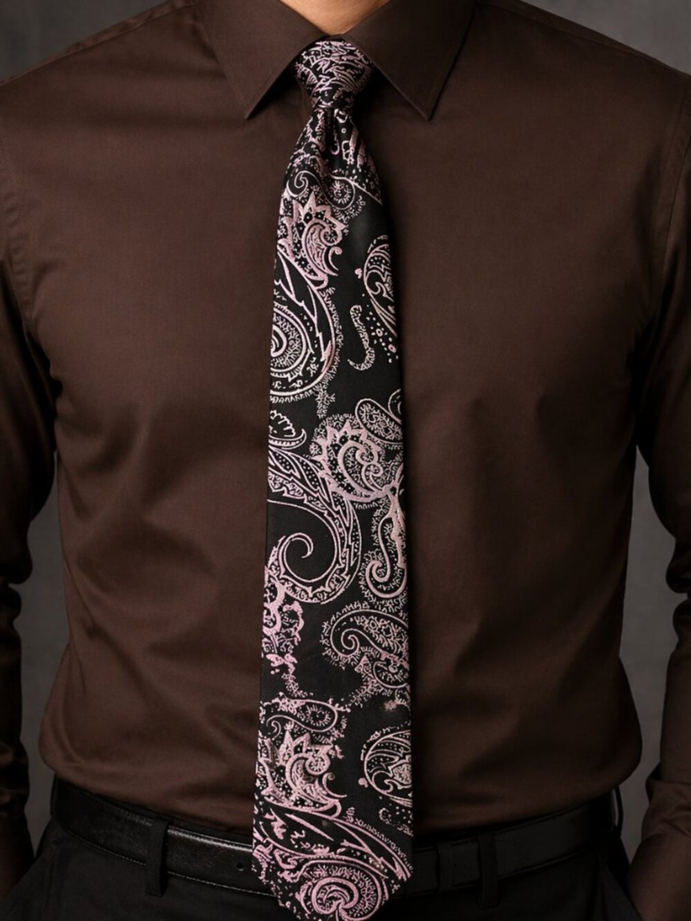 Montebello Italia Men's Silk Necktie Brown Pink Paisley Necktie Silk 3 X 60 Inch